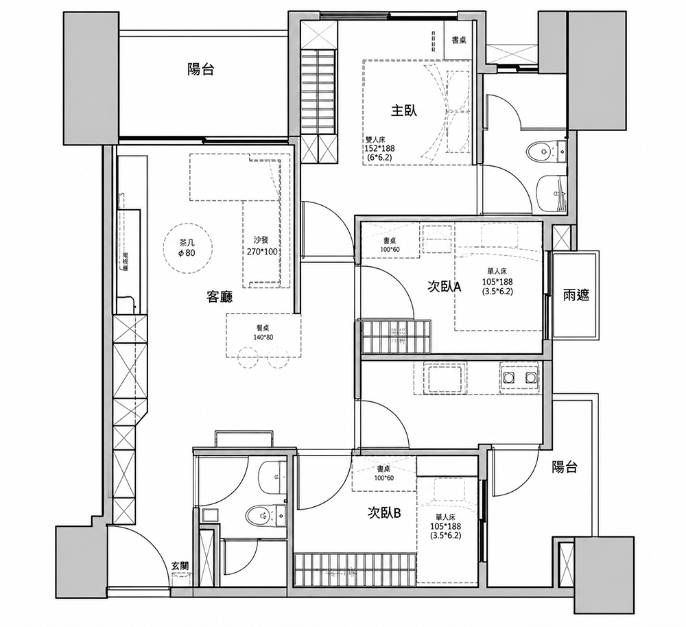柒享設計作品台北流光石影住宅設計-3房2廳2衛新成屋空間配置平面圖。