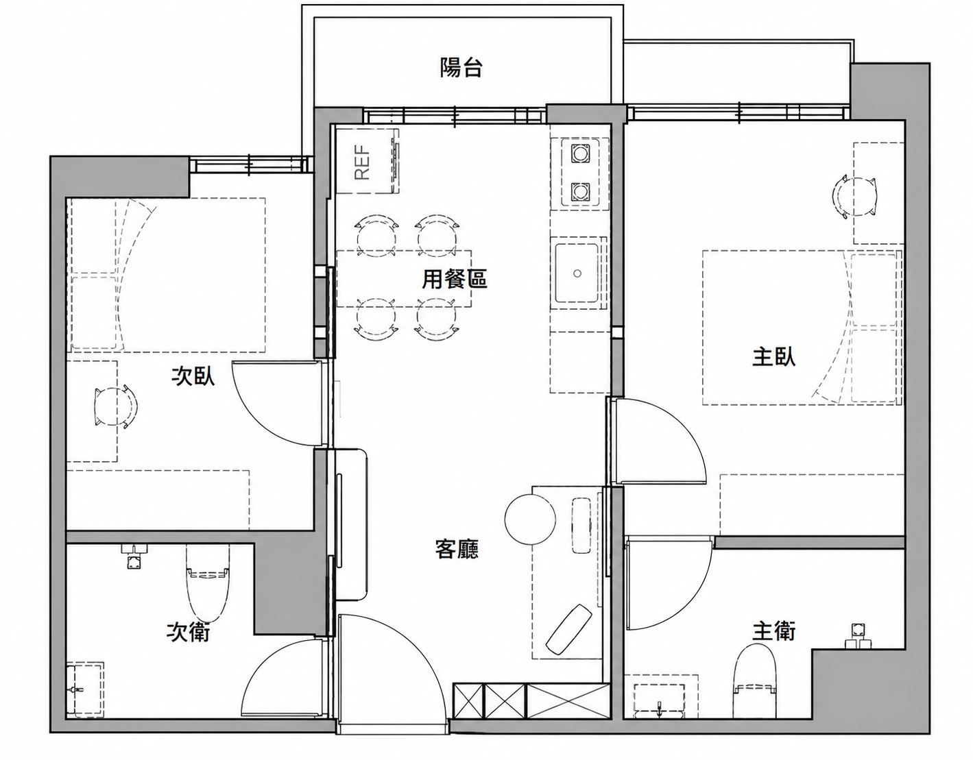 柒享設計作品高雄質隱之域住宅設計-2房2廳2衛新成屋空間配置平面圖。
